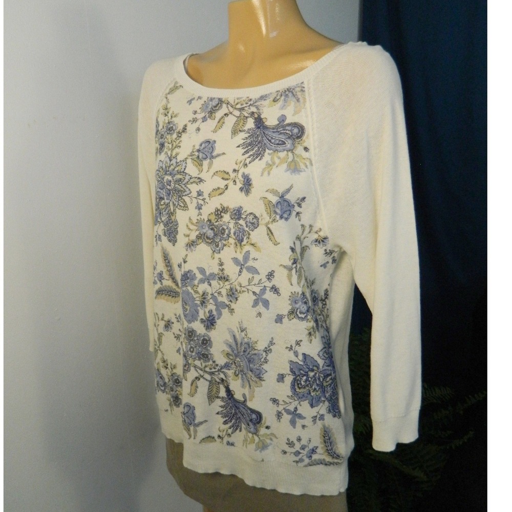 Chaps‎ Linen Cotton Sweater Womens Large White Floral Paisley  3/4 Sleeve Garden